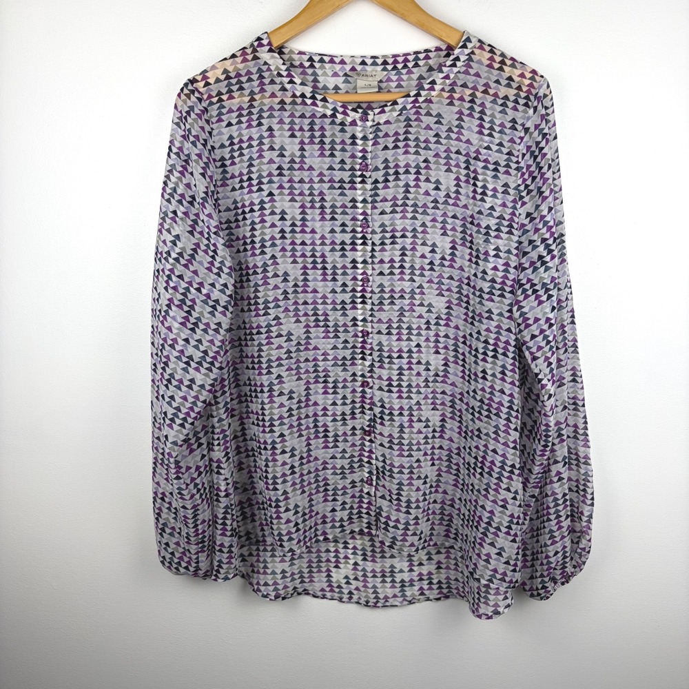 Ariat Womens Western Purple Geometric Print Sheer‎ Button Front Blouse Size L